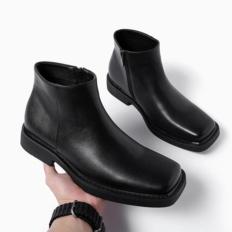 Vintage Fashion Online - 黒の新ファッション男性カジュアル革靴秋冬ドレスアンクルブーツヴィンテージ英国ビジネススクエアトゥチェルシーブーツ