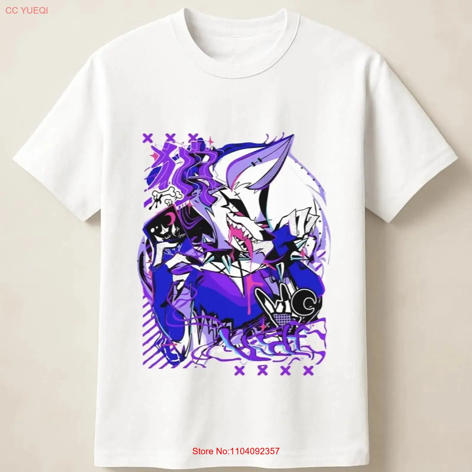 Vintage Fashion Wear - 紫のアニメ狼のグラフィティポスターが描かれた絶叫アートスタイルTシャツ、ヴィンテージウォッシュ加工、ストレッチ素材、ソフトトップ、普段着に最適
