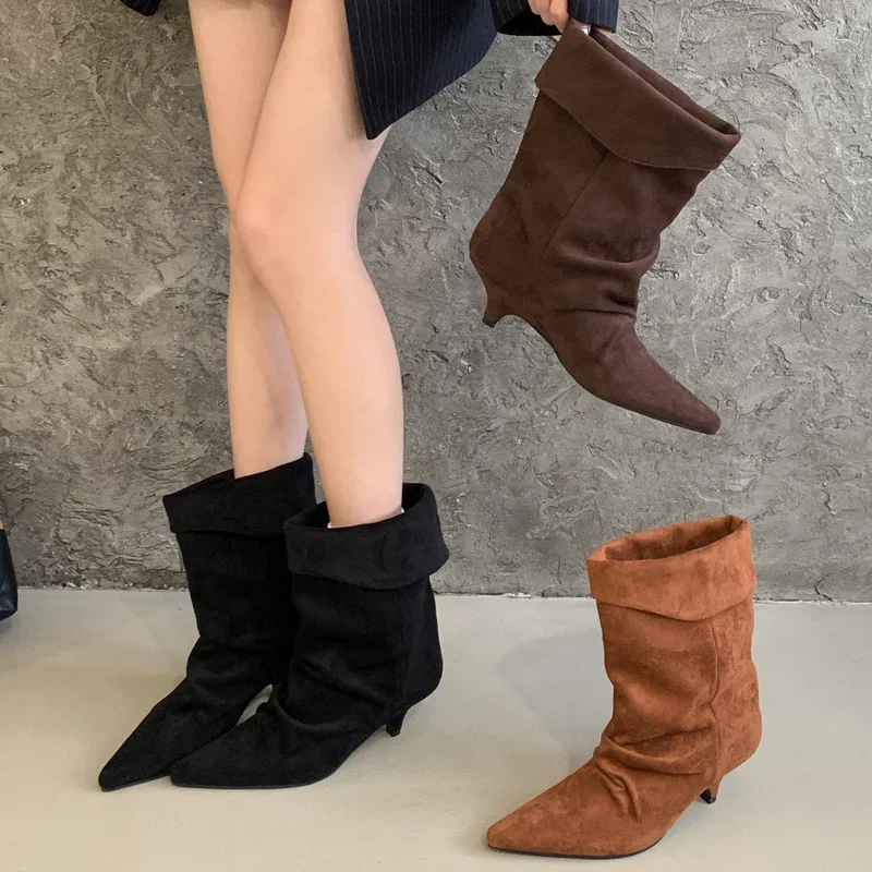 Vintage Style Women Fashion - Aneikeh 冬ポインテッドトゥ薄型ローヒールヴィンテージアンクルブーツ女性ファッションストリートスタイル靴ショートボタスザパトスデムジェ