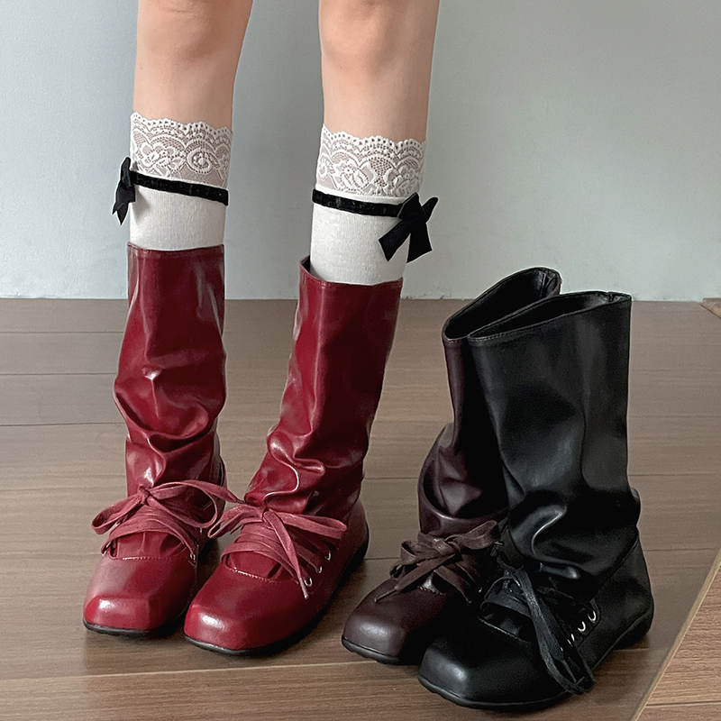 Vintage Fashion Ladies - ヴィンテージフラット女性ウエスタンカウボーイブーツファッションレディーススクエアトゥプリーツナイトミッドカーフブーツ