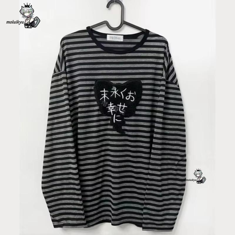 Vintage Fashion Y2K - Y2K アメリカンパンクヴィンテージ O ネック長袖シャツオールマッチストライプデザイン原宿刺繍トップス美的ハイストリート Tシャツ