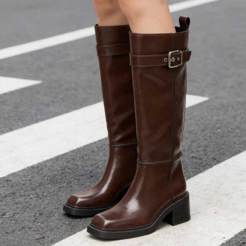 Vintage Style Women Fashion - 英国風ブラウンニーブーツ レディース ファッション ベルトバックル装飾 チャンキーヒール プラットフォームブーツ