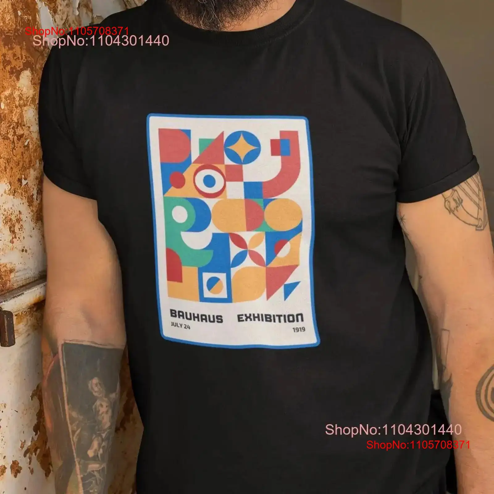 Vintage Fashion Exhibition - バウハウス幾何学模様抽象アートTシャツ ハーバート・ベイヤー ヴィンテージポスター 展覧会1919 恋人向け ヴィンテージウォッシュ