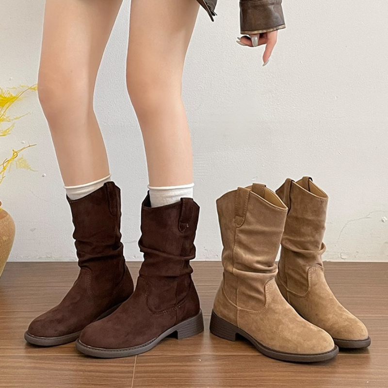 Vintage Style Women Fashion - ヴィンテージ厚底ヒールプリーツ付きレディースウエスタンアンクルブーツ ファッション 宴会 パーティー ドレスシューズ 女性用