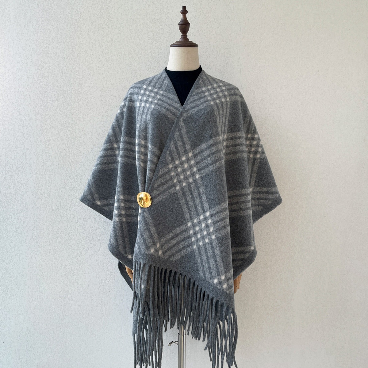 Vintage Fashion Wear - ヴィンテージプリントフリンジ付きケープショール レディース 秋冬 厚手 イミテーションカシミヤ オープンフロント