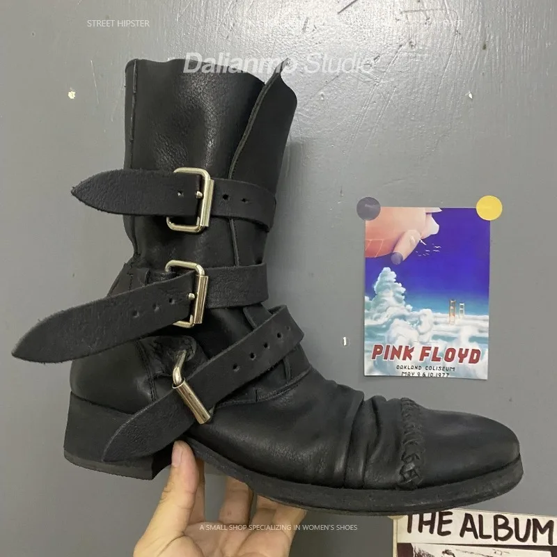 ファッションメンズ本革バイクブーツバックルストラップミッドカ - Vintage Style Women Fashion のレビューと価格