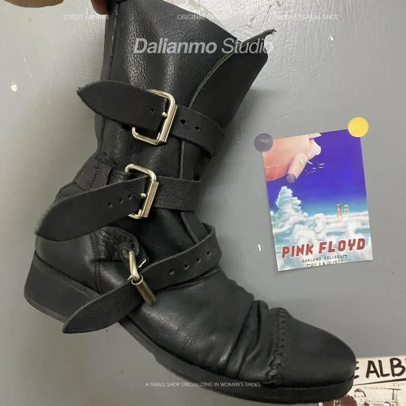 ファッションメンズ本革バイクブーツバックルストラップミッドカ - Vintage Style Women Fashion のレビューと価格