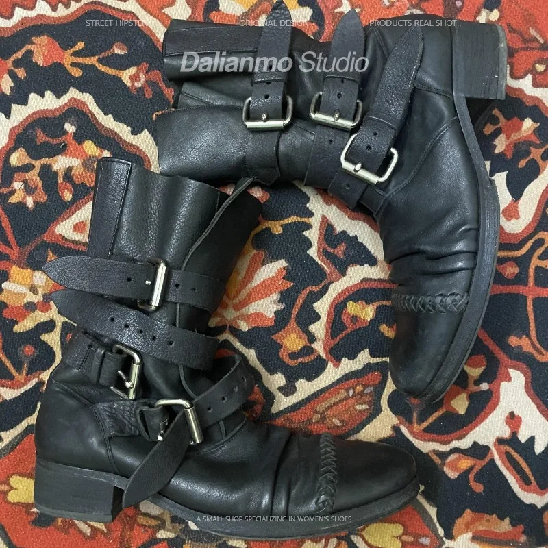 ファッションメンズ本革バイクブーツバックルストラップミッドカ - Vintage Style Women Fashion のレビューと価格