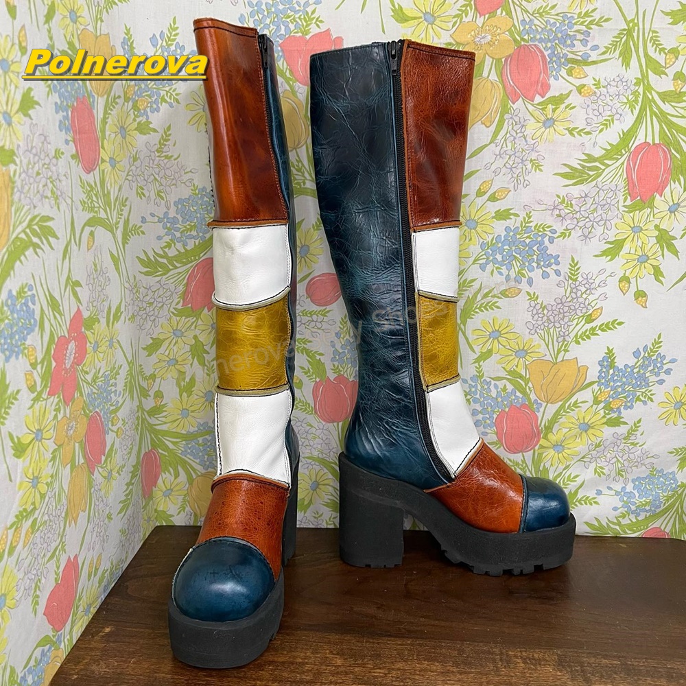 女性レトロパッチワークレザーニーハイブーツカラーブロックチャ - Vintage Fashion Y2K のレビューと価格