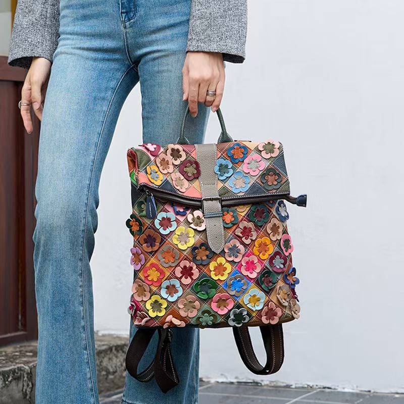 ヴィンテージ女性本革バックパックフラワーリアル牛革ショルダー - Vintage Fashion Ladies のレビューと価格