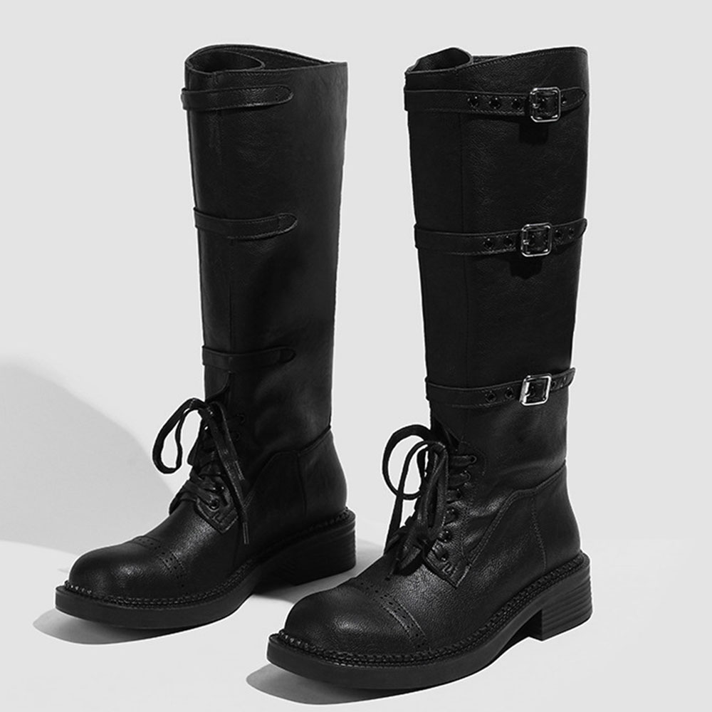 女性のニーハイブーツヴィンテージベルトバックルデザイン女性の - Vintage Style Women Fashion のレビューと価格