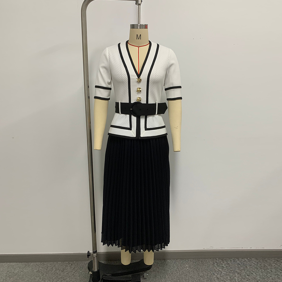 セクシーな V ネックボタンベルト付きプリーツドレス女性エレ - Vintage Fashion Exhibition のレビューと価格