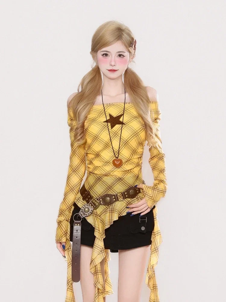 Y2K チェック柄スラッシュネックヴィンテージ T シャツ、 - Vintage Fashion Aesthetic のレビューと価格