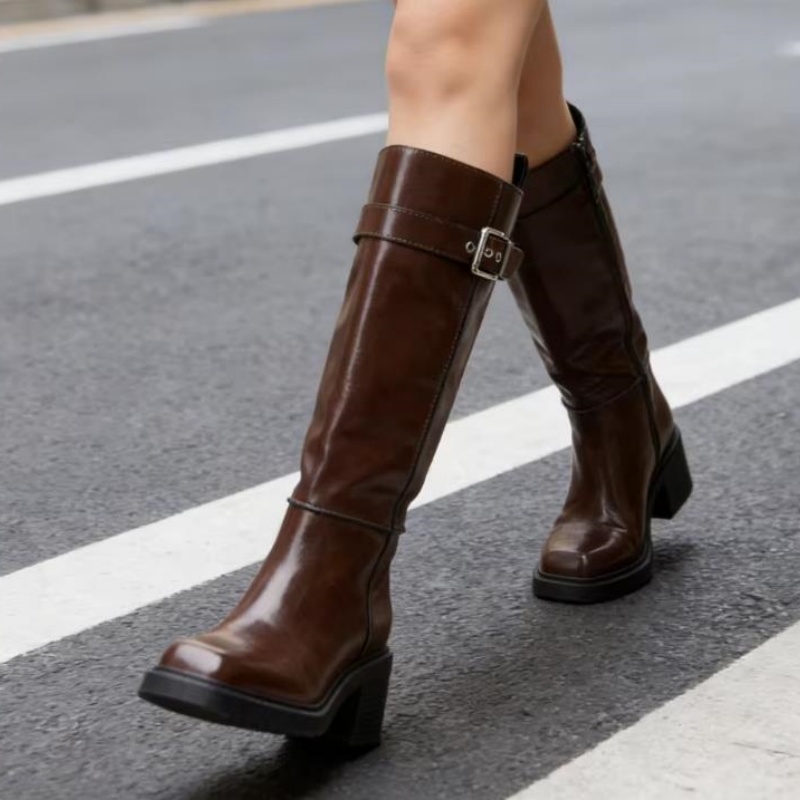 英国風ブラウンニーブーツ レディース ファッション ベルトバ - Vintage Style Women Fashion のレビューと価格