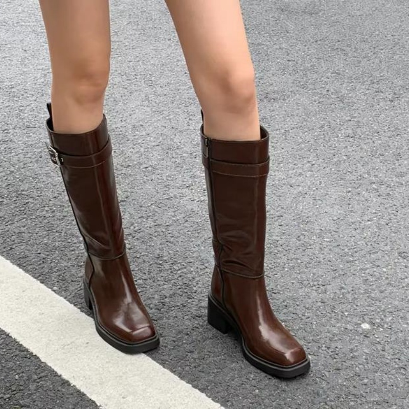 英国風ブラウンニーブーツ レディース ファッション ベルトバ - Vintage Style Women Fashion のレビューと価格
