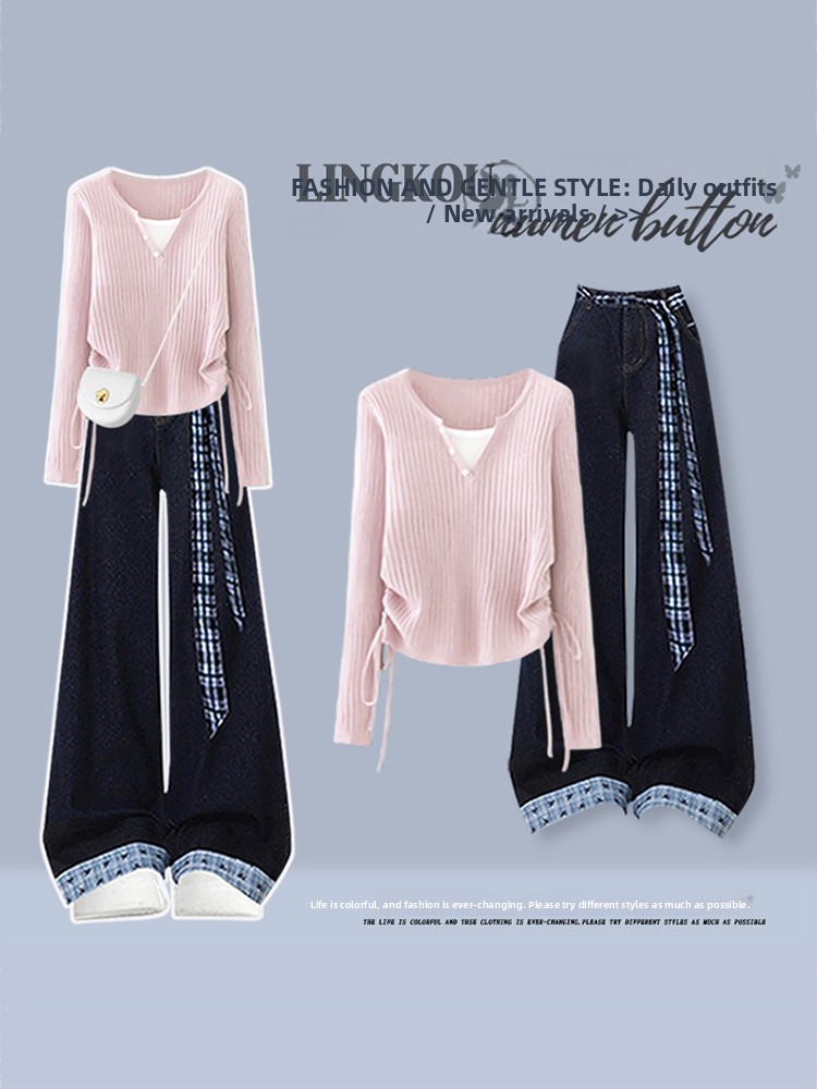韓国風ハイウエストニットトップスとヴィンテージジーンズのツー - Vintage Fashion Wear のレビューと価格