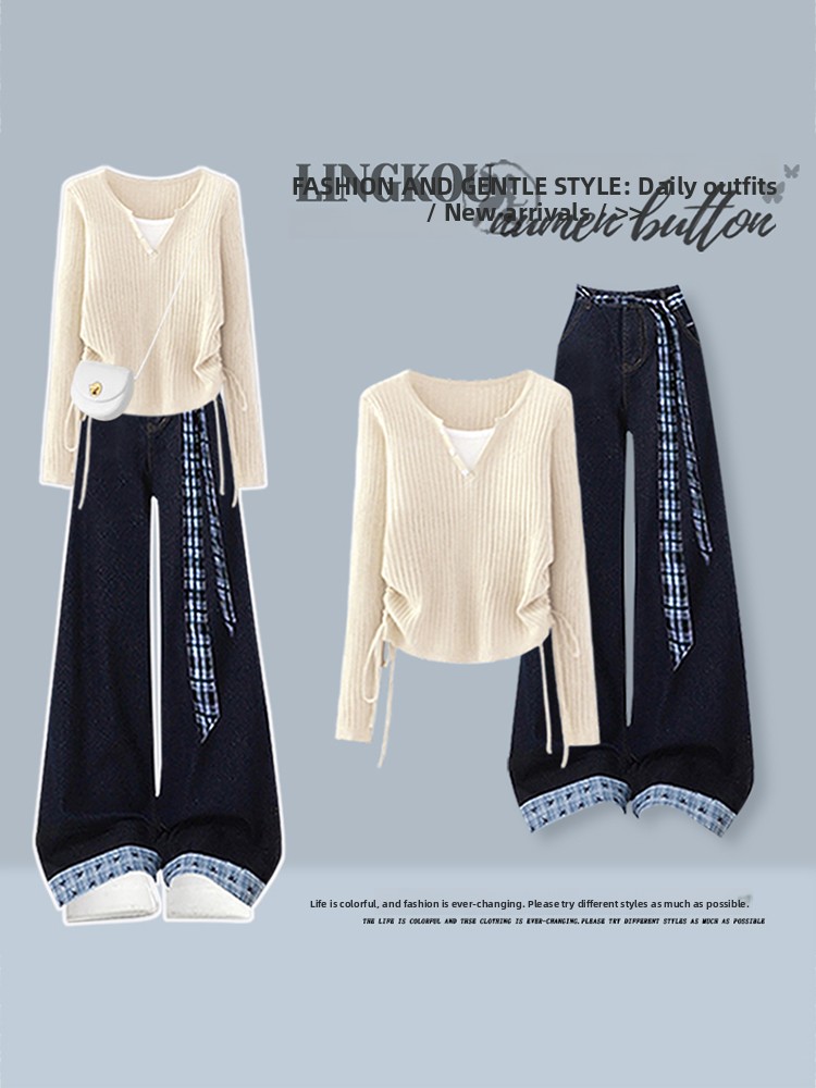 韓国風ハイウエストニットトップスとヴィンテージジーンズのツー - Vintage Fashion Wear のレビューと価格