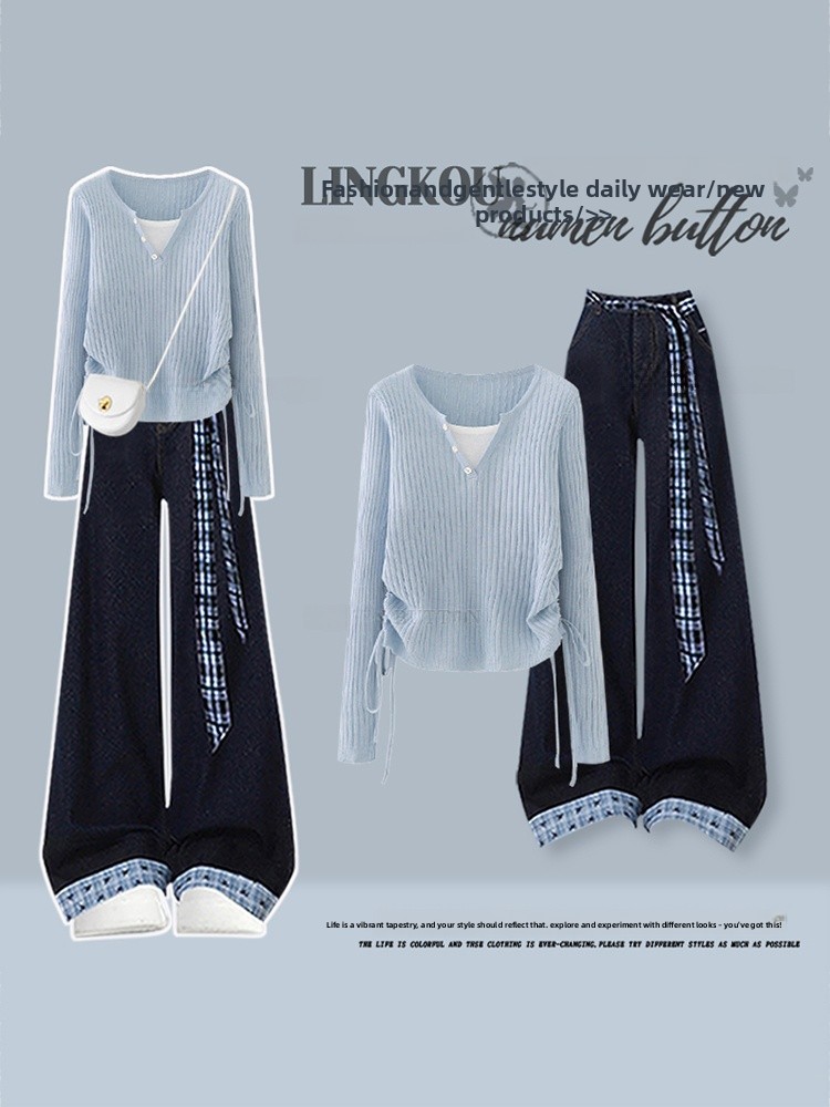韓国風ハイウエストニットトップスとヴィンテージジーンズのツー - Vintage Fashion Wear のレビューと価格
